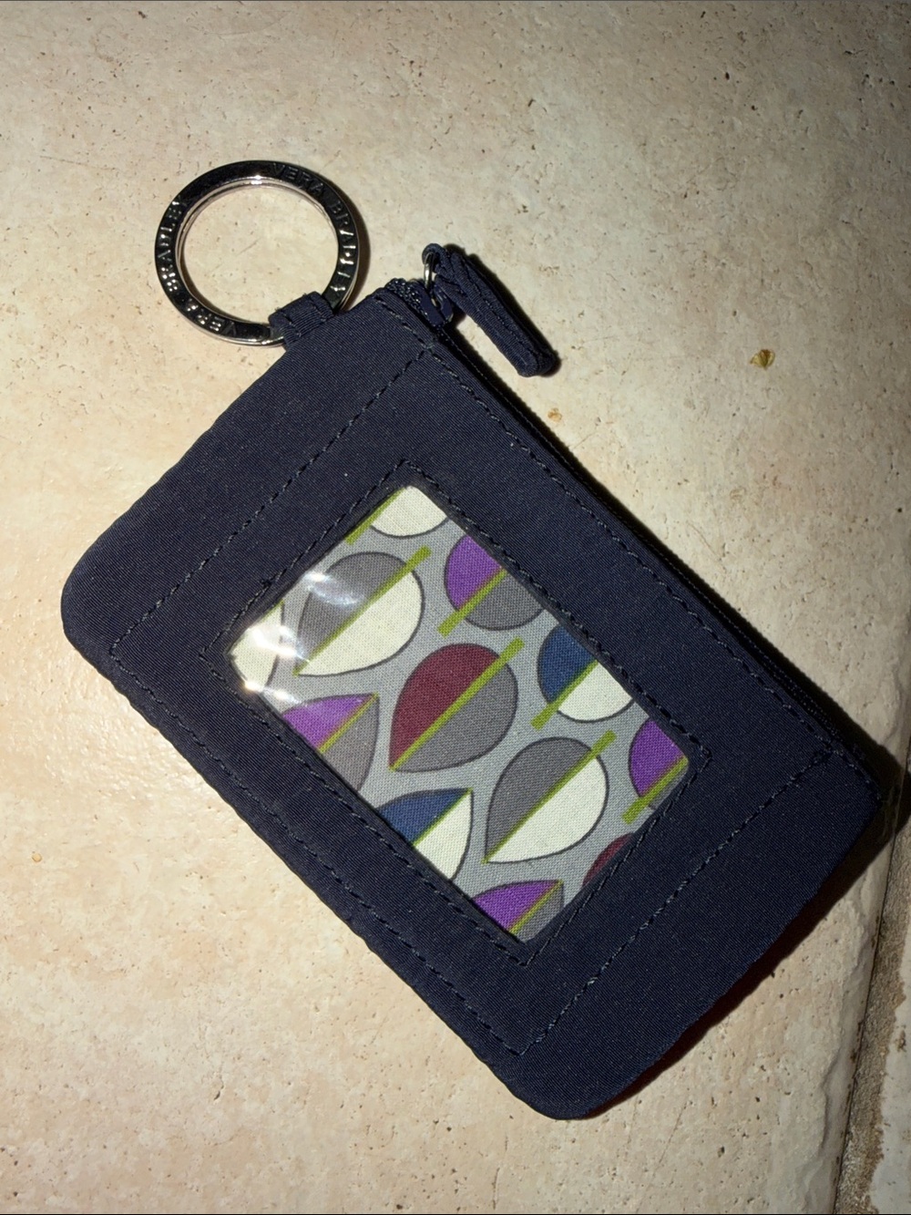 Vera Bradley Navy Zip Card Case Keychain with Patterned ID Window